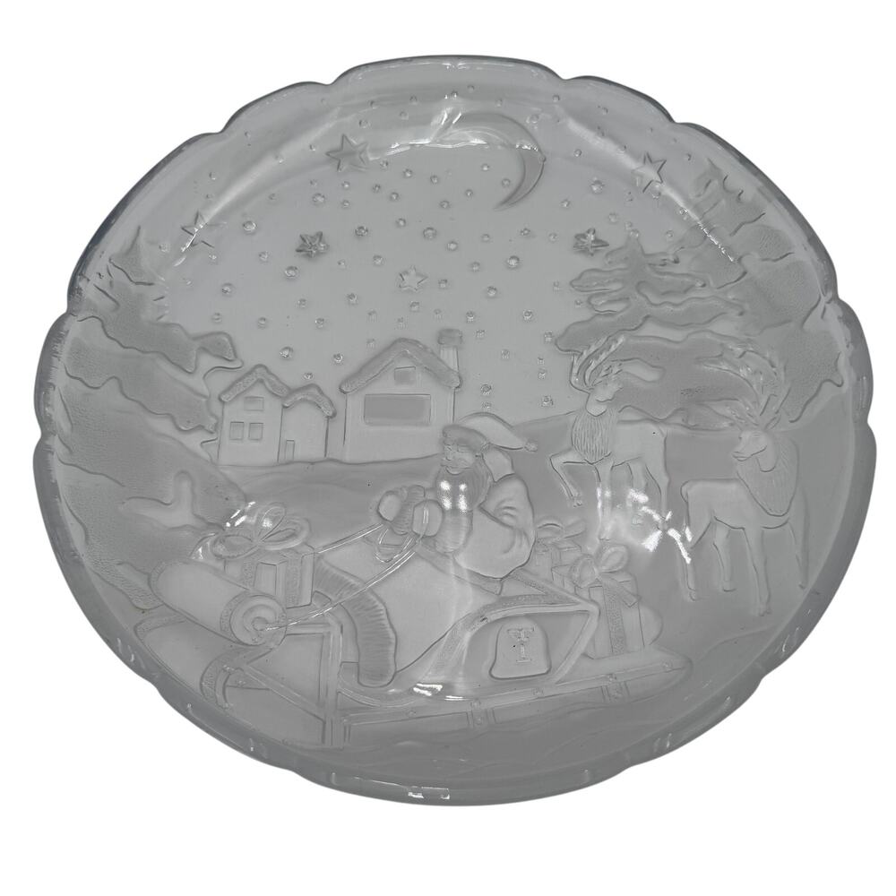 Vintage Christmas Platter Sleigh Bells Clear & Frosted 1980s Tempered Glass 14"
